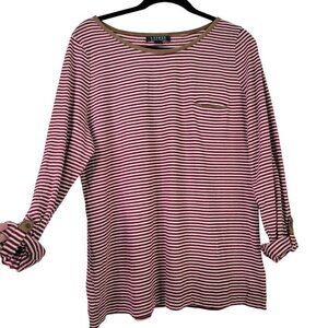 Lauren Ralph Lauren Striped Boat Neckline Suede Detail Roll Tab Sleeve Top Sz XL